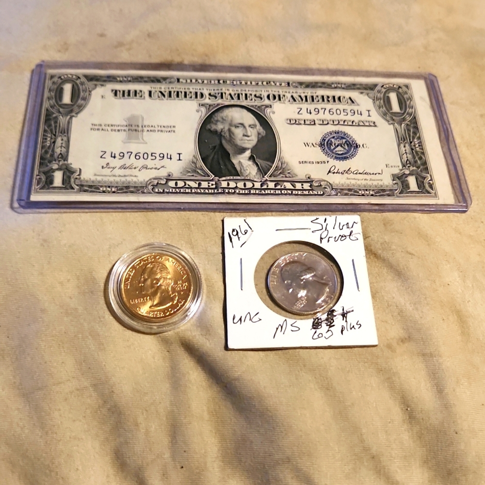 1935 F Silver Cert, 1961 Silver Proof Washington Quarter, Gold Layered 2008 Stat